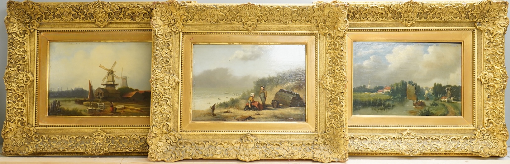20th century, Dutch school, Beach scene, windmill and riverscape, set of three oils on board, ornate gilt framed, 16 x 22cm